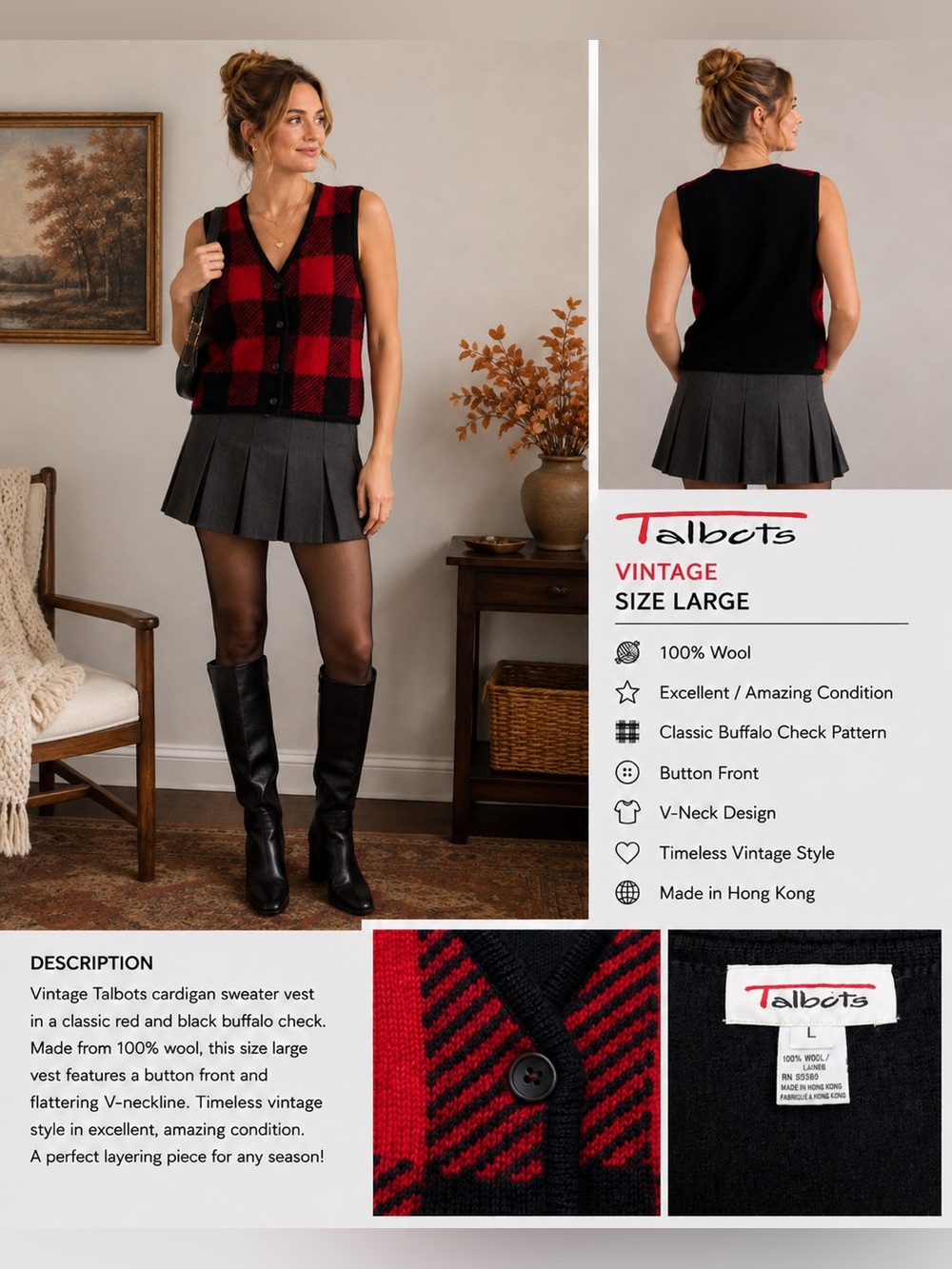 Vintage Talbots 100% Wool Buffalo Plaid Sweater Vest Red Black Large